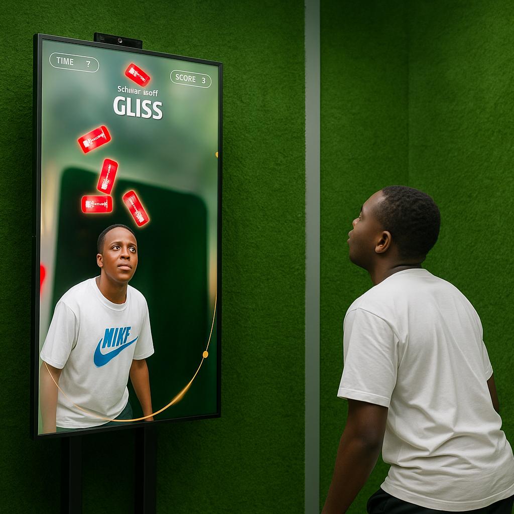 Guest playing interactive balance game using motion sensors to stack virtual items on head at a corporate event or exhibition booth in Dubai – fun and engaging activity.